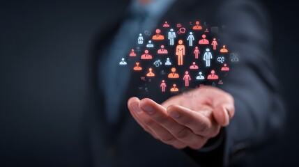 A business professional holding an open hand with colorful icons representing people and social connections above it, symbolizing networking and community