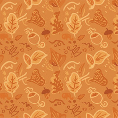 Autumn themed seamless pattern featuring leaves acorns and abstract shapes, patern seamless, Stock royalty.