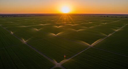 Aerial sunset view of irrigated green fields
