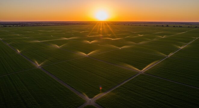 Aerial sunset view of irrigated green fields - Powered by Adobe
