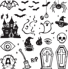 Obraz premium Halloween collage with haunted house, bats, ghosts, pumpkins, skulls, and spooky icons black and white line art illustration