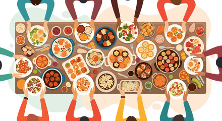 Top view of diverse people enjoying a large feast together around a table.