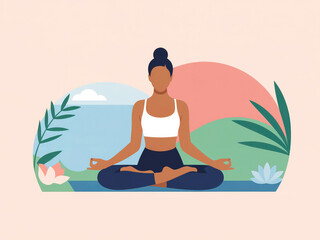 Yoga meditation woman practicing mindfulness and relaxation in lotus pose, flat vector illustration, healthy lifestyle and wellness concept with calm background, peaceful exercise for balance and harm