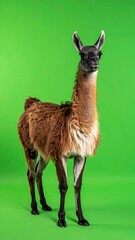 A llama stands against a solid green backdrop