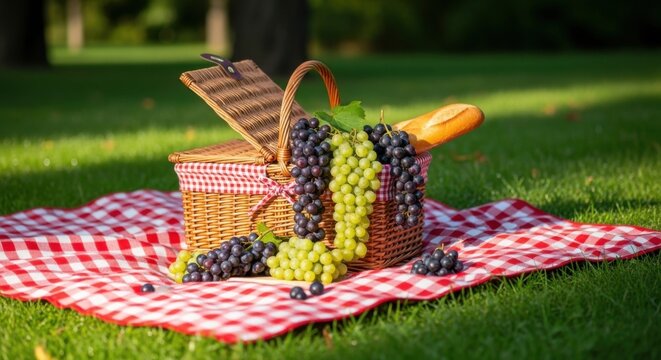 Wicker picnic basket with red white checkered blanket green and purple grapes and baguette on grass wicker basket - Powered by Adobe