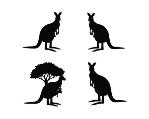 Four distinct black silhouette illustrations of kangaroos in various poses on a white background including a joey in a pouch and a kangaroo with a tree