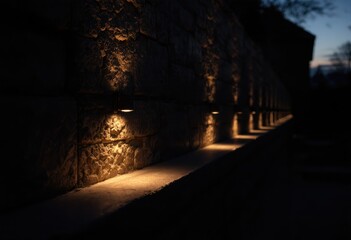 Nighttime view of warm-toned recessed lights illuminating a stone retaining wall, creating a soft, ambient glow