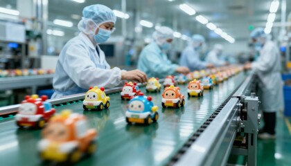 Toy Manufacturing: Assembly Line Workers Producing Colorful Toy Cars in a Modern Factory Setting