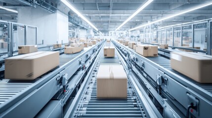 Automated Conveyor System with Cardboard Boxes for Distribution and Logistics Operations in a Modern Warehouse