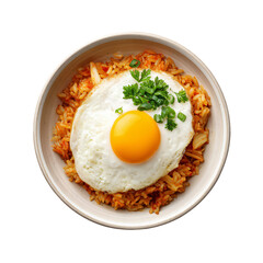 Kimchi fried rice bowl with fried egg isolated die-cut.