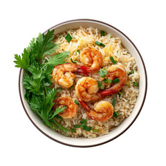 Thai fried rice bowl with shrimp top view isolated die-cut.