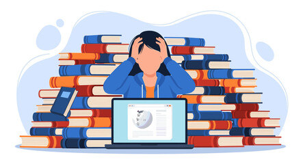 Student overwhelmed by books and laptop studying hard.