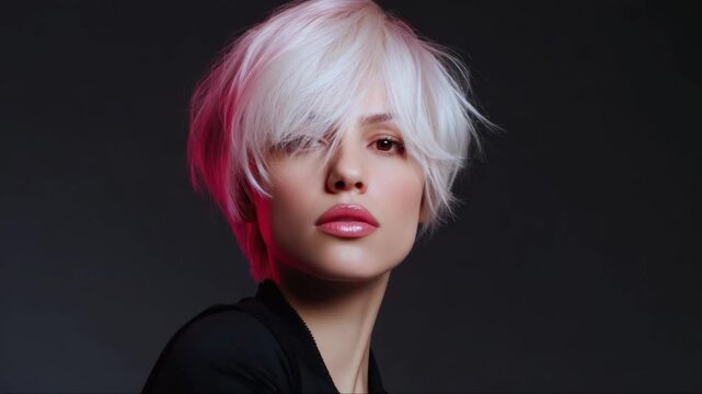 Professional model sporting platinum blonde pixie haircut with pink highlights, bathed in magenta lighting, presenting edgy contemporary hair styling against shadowy backdrop