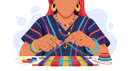 Woman hands weaving colorful textile with threads and needles.