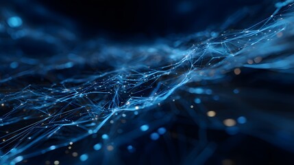 Abstract representation of a digital network with glowing blue lines and nodes, creating a sense of movement and depth