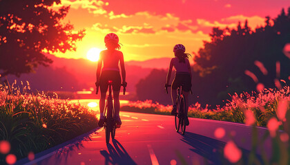 Fototapeta premium 夕焼けの中をサイクリングする二人の女性