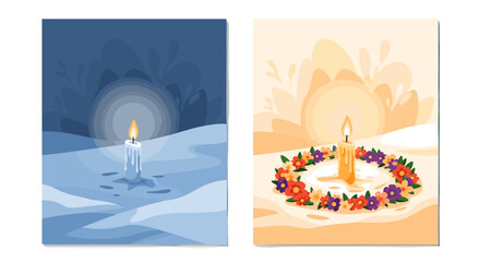 Fototapeta premium Two candles burning in winter snow and floral wreath.