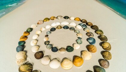 Seashells arranged in concentric circles on a beach