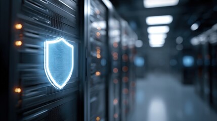 Server Room with Shield Security Display: Data Protection, Cybersecurity, and Network Infrastructure