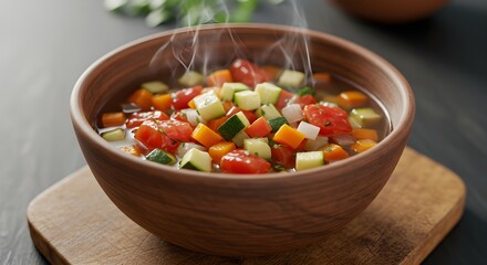 Vegetable soup in wooden bowl