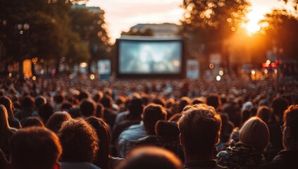 Outdoor movie screening, sunset