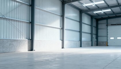 Fototapeta premium Spacious industrial warehouse interior featuring modern steel structure, concrete floor, and ample natural light