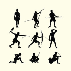 Silhouette Collection of Ancient Hunters with Spears and Bows in Various Poses