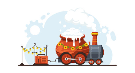 Naklejka premium Christmas train carrying snow and gifts on a snowy day.