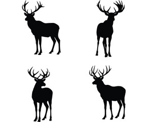 Naklejka premium Four distinct black silhouettes of majestic stags with large antlers standing in profile against a clean white background