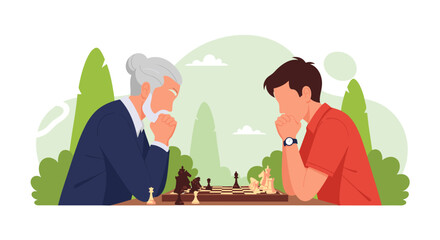 Grandfather and Grandson Playing Chess Outdoors.