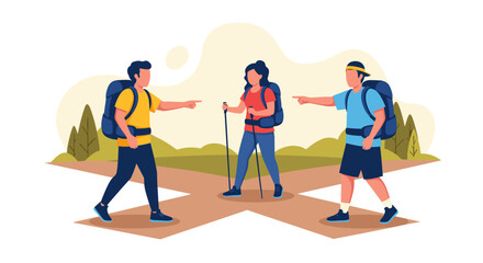 Three hikers at a crossroads pointing in different directions.