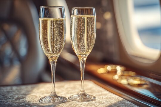 Two champagne flutes on an airplane table