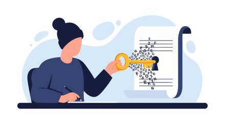 Person holding a golden key to unlock a document with a lock symbol.