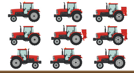 Fototapeta premium Red tractor collection on farm in flat design