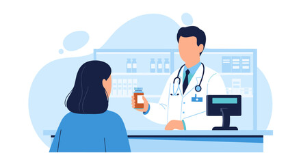 Pharmacist handing medication bottle to customer at counter.