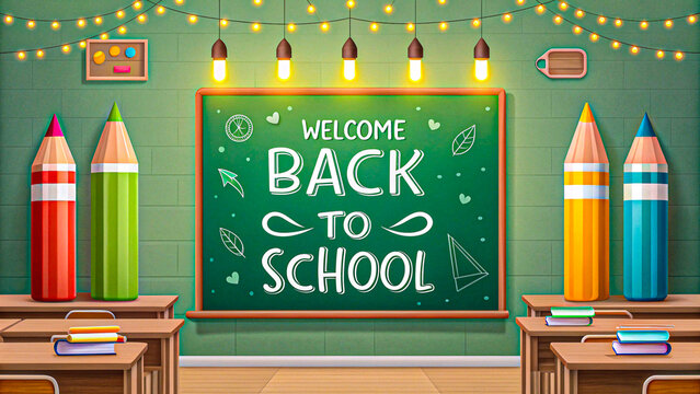 Back to school classroom with welcome chalkboard