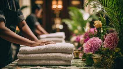 Hotel staff folding towels in elegant setting