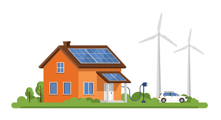 Obraz premium Eco-friendly home with solar panels and wind turbines