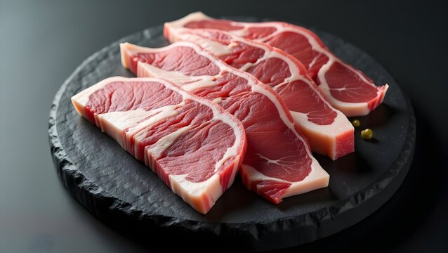 Four slices of raw pork chops set on a black stone. The creamy white fat texture intertwined with rich pink-red muscle fibers creating a natural texture of balance and contrast.