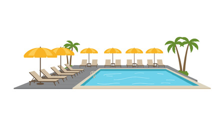 Flat design poolside relaxation with sun umbrellas and loungers on a sunny day