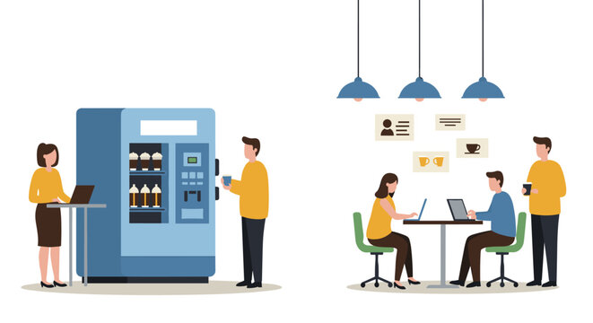 Modern office coffee break area with vending machine and employees collaborating