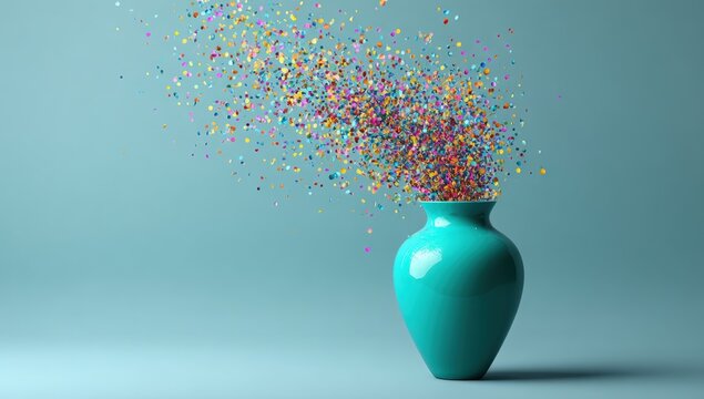 Teal vase with colorful confetti explosion - Powered by Adobe