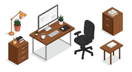 Modern isometric office workspace with desk, computer, and furniture