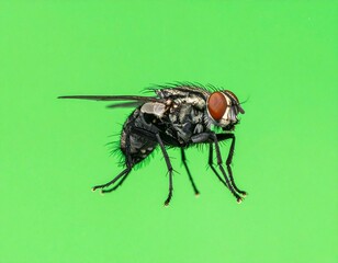 A detailed macro photograph of a common housefly with large red compound eyes, a hairy body, and transparent wings, isolated on a vibrant green background.