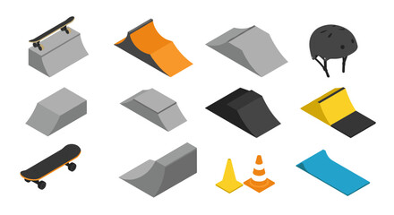 Skatepark equipment isometric set with ramps, skateboards, helmet, and safety cones