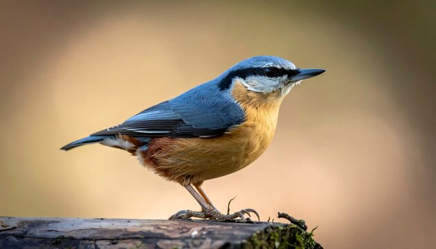 A close-up profile view of a nuthatch perched on a weathered log, showcasing its vibrant blue and warm brown plumage.
