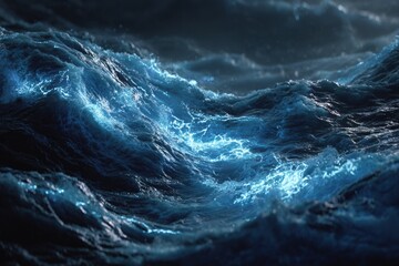 Turbulent, dark ocean waves illuminated by an ethereal blue light