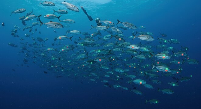 School of tagged fish swimming in deep blue ocean with research equipment