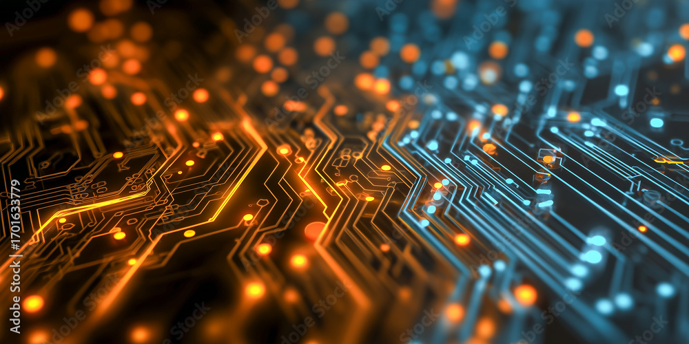 Sticker glowing abstract circuit board with neon lights background