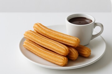 Golden churros served with a cup of rich hot chocolate for dipping